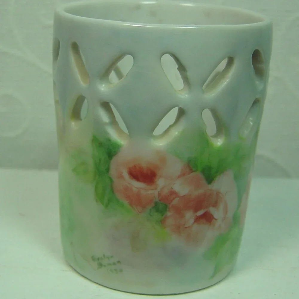 Vintage handpainted vase/catch-all container-pink roses-signed & dated--1980